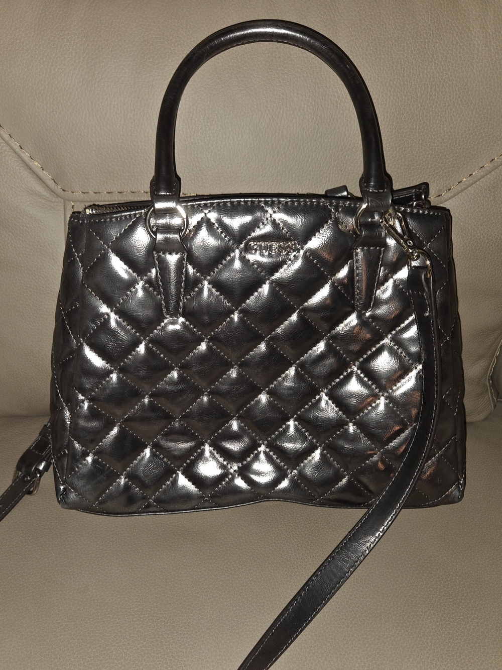 GUESS Tinsley Quilted Metallic Bronze Satchel Bag